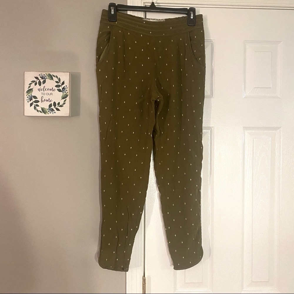 Anthropologie Elevenses Diamond Embroidery Crop Pants Olive Green Gold Size 2